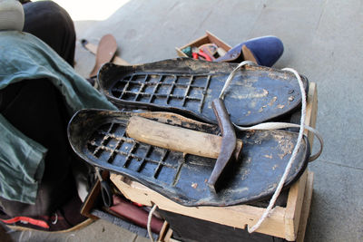 High angle view of abandoned shoes