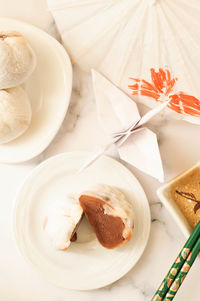 High angle view of bread in plate on table