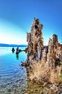 Scenic view of sea against clear blue sky