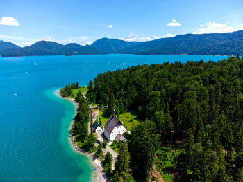 High angle view of bay against sky