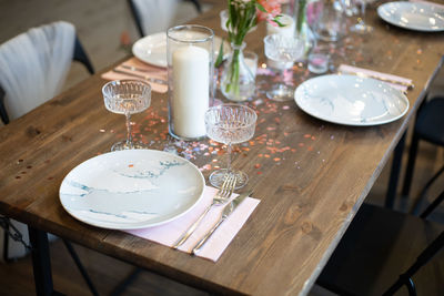 High angle view of tea cup on table