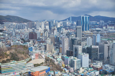 High angle view of buildings in city