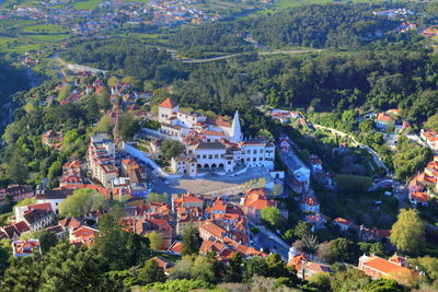 High angle view of townscape and trees in town