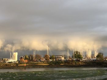 Panoramic view of river and buildings against sky