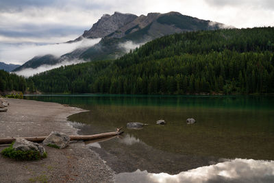 Scenic view of lake by mountains against sky