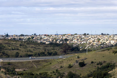 High angle view of townscape against sky