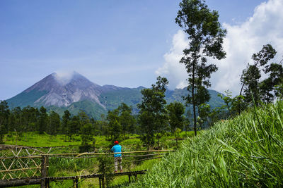 Scenic view of trees and mountains against sky