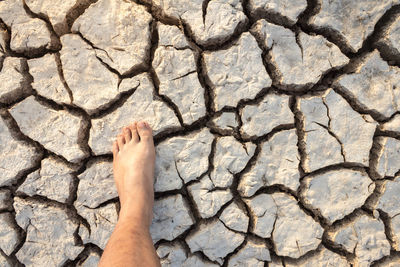 Low section of person standing on drought land