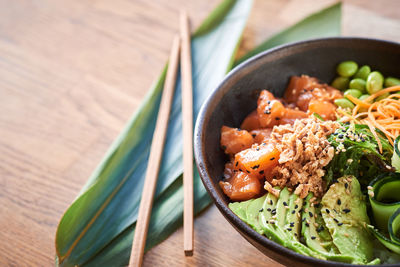 High angle view of vegetables in bowl on table