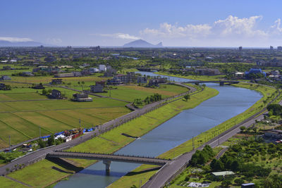 High angle view of agricultural field against sky