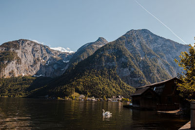 Scenic view of lake and mountains against clear sky