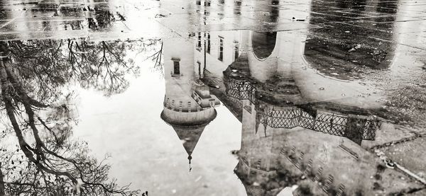 High angle view of reflection of man in puddle