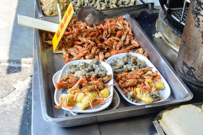 High angle view of food served on table