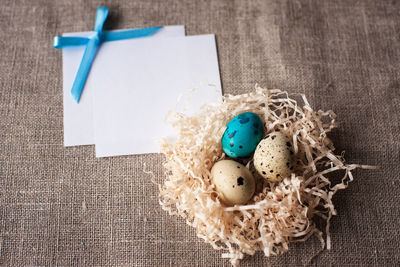 High angle view of eggs on white table