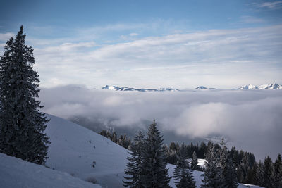 Scenic view of snow covered mountains against sky