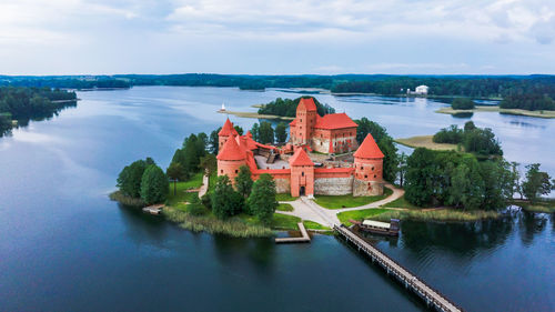 Trakai island castle in lake galve. drone view.