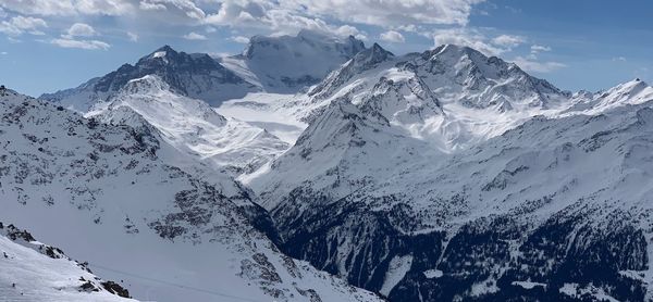 Scenic view of snowcapped mountains against sky