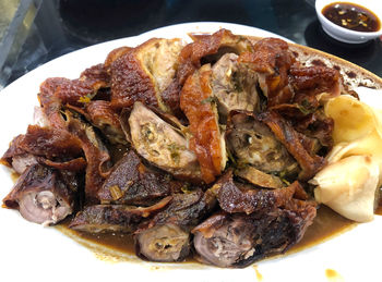 High angle view of food served in plate