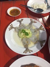 High angle view of food in plate on table