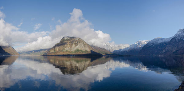 The clear water of hallstattersee lake and  beautiful mountains in salzkammergut  austria in winter