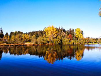 Scenic view of lake against clear blue sky