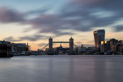 View of buildings by river against cloudy sky