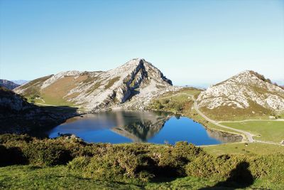 Scenic view of covadonga lake in  of asturias, spain. stock photo copy space 