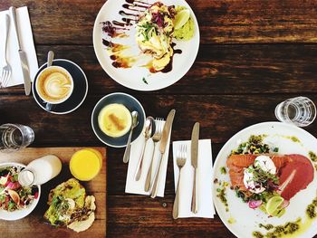 High angle view of food served on table