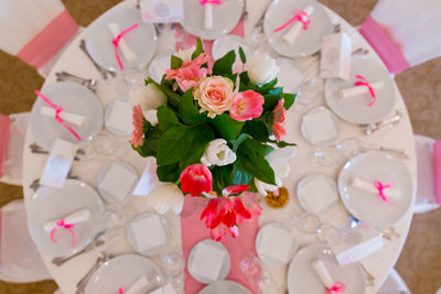 High angle view of bouquet on table