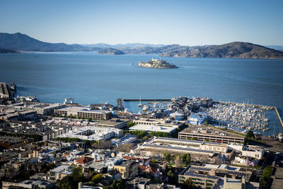 High angle view of city at waterfront