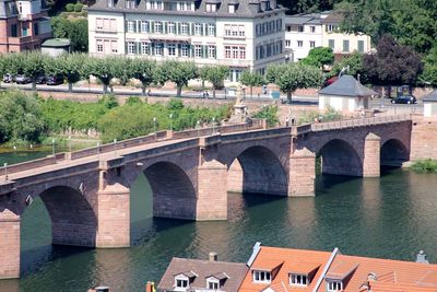 Arch bridge over river by buildings in city. heidelberg