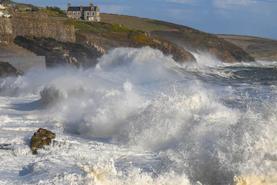 Big waves during a summer storm in porthleven cornwall 