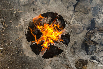 High angle view of fire on land