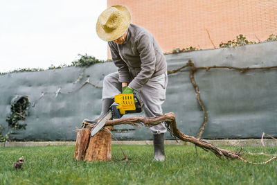 Man cutting a log with a chainsaw in the garden leaning on another log on a sunny day