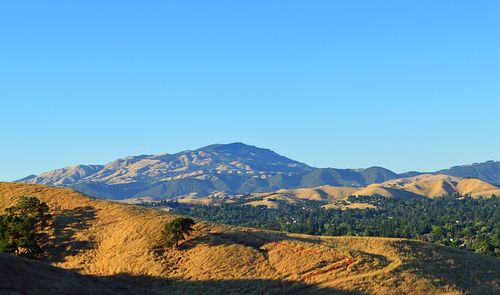 Scenic view of mountains against clear blue sky