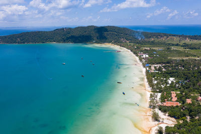 High angle view of beach against blue sky