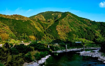 Scenic view of lake by trees against mountain