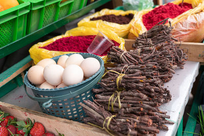 High angle view of vegetables for sale at market stall