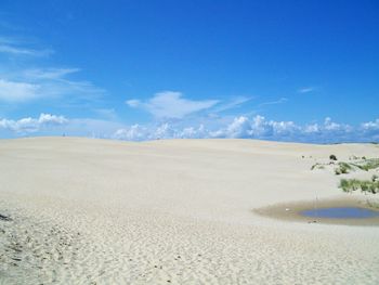 Scenic view of sandy landscape at jockey ridge state park against blue sky