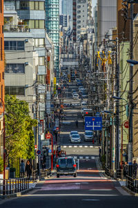 Traffic on city street by buildings