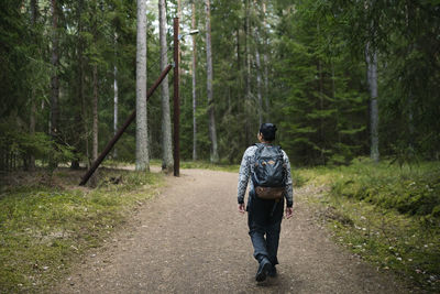 Rear view of man standing in forest