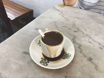 High angle view of coffee cup on table