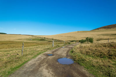 Road amidst field against clear blue sky