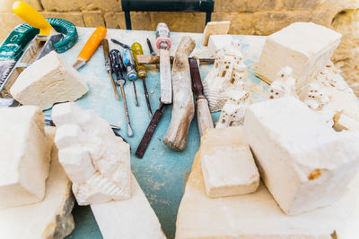 High angle view of objects on table