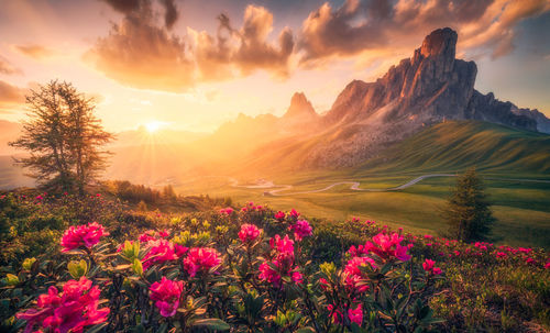 Scenic view of mountains against sky during sunset