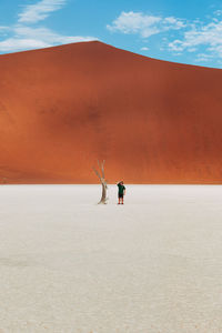 Man by bare tree on desert against sky