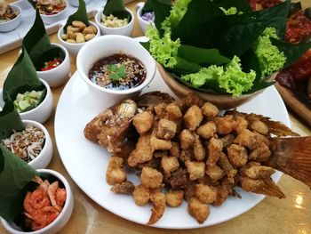 High angle view of meal served on table