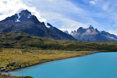 Scenic view of mountains and lake against sky