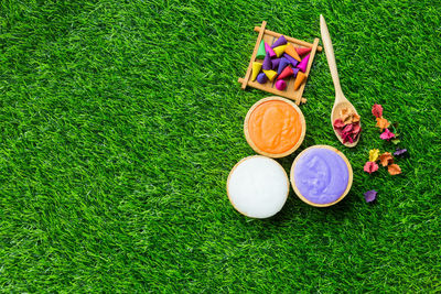 High angle view of beauty products with colorful petals and pebbles on grassy field