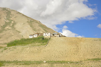 View of traditional ladakhi houses along the dry hills on the way to darcha-padum road.